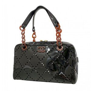 Chanel Handbag Perforated Patent Leather Black Gold